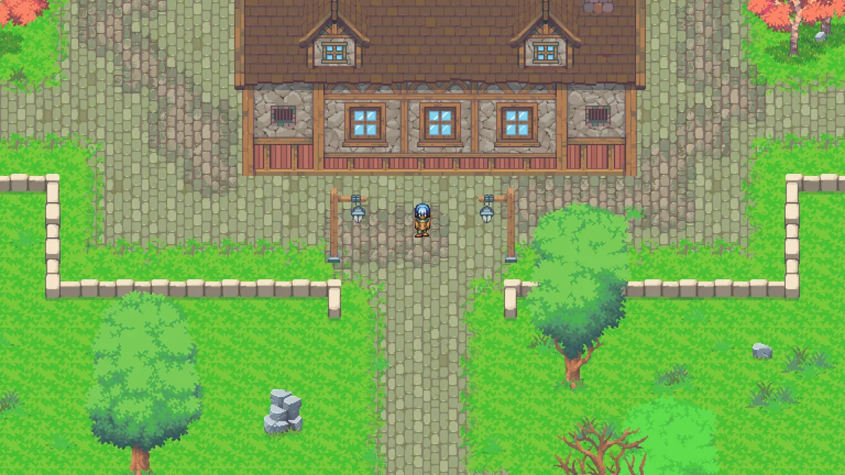 A lone character on a stone road, standing between two lantern posts at an opening in a low wall, a timber house ahead.