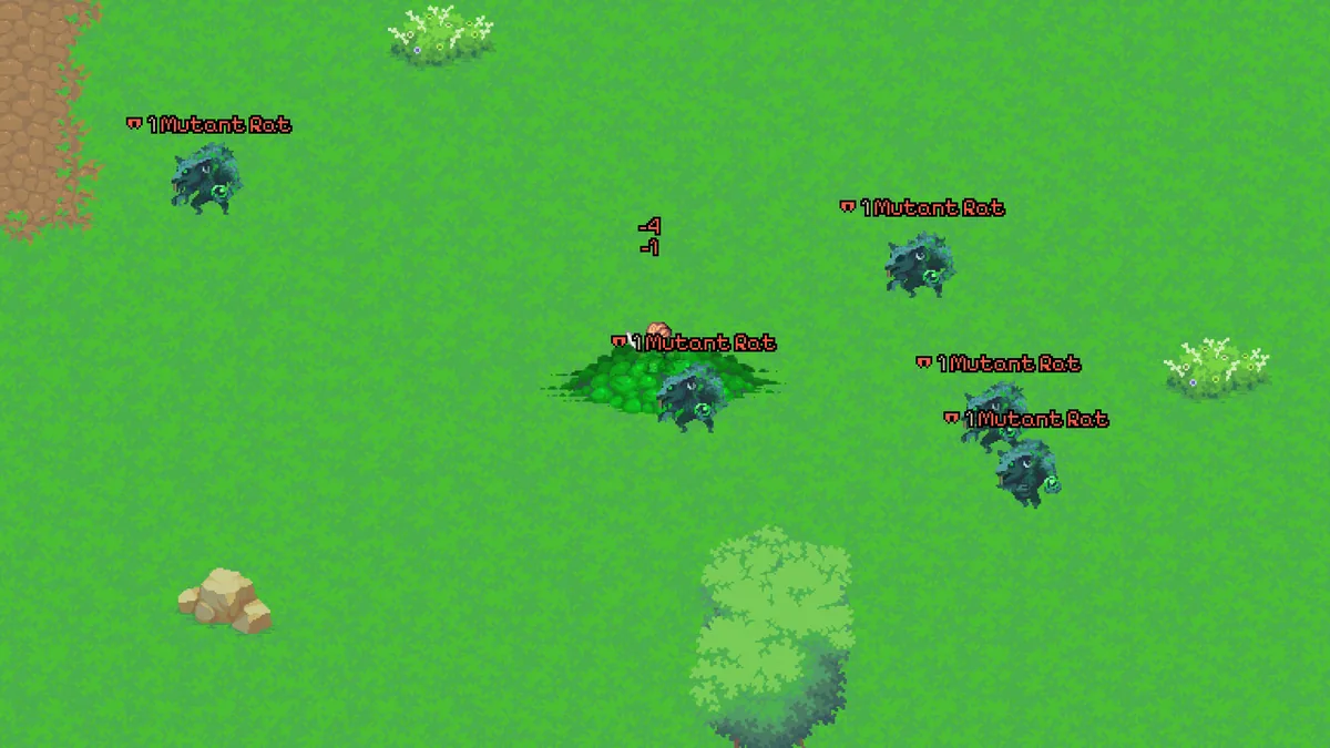 A character fighting a pack of Mutant Rats on open grass, damage numbers in the air and a pool of poison underfoot.