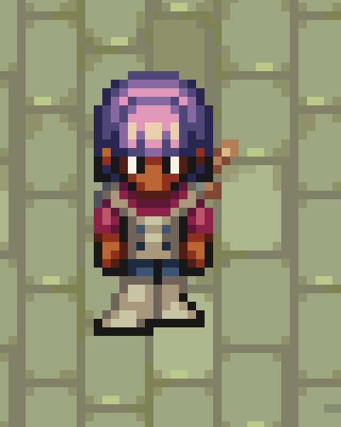 A player character standing on cobbles, facing the viewer: purple hair, a scarf pulled over the mouth, a red jacket.